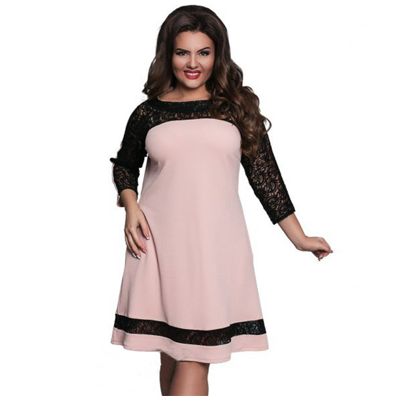 

Knee-Length Women Lace Dress Loose Summer Dresses O Neck Vestidos, Black
