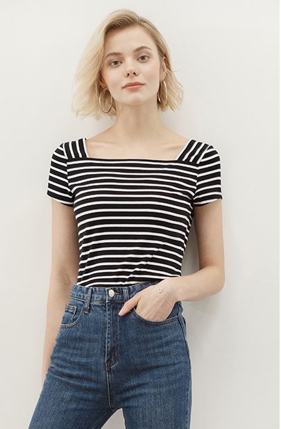

Women's T-Shirt 2021 Style Striped Horizontal Shirt Round Collar Black White Spring And Summer Time Short Sleeve Tee