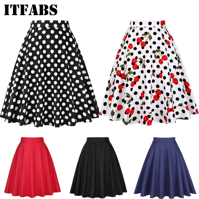 

Dots Print Pleated Midi Skirt Women Elastic High Waist Side Skirts Summer 2019 Elegant Female Bottom, Black