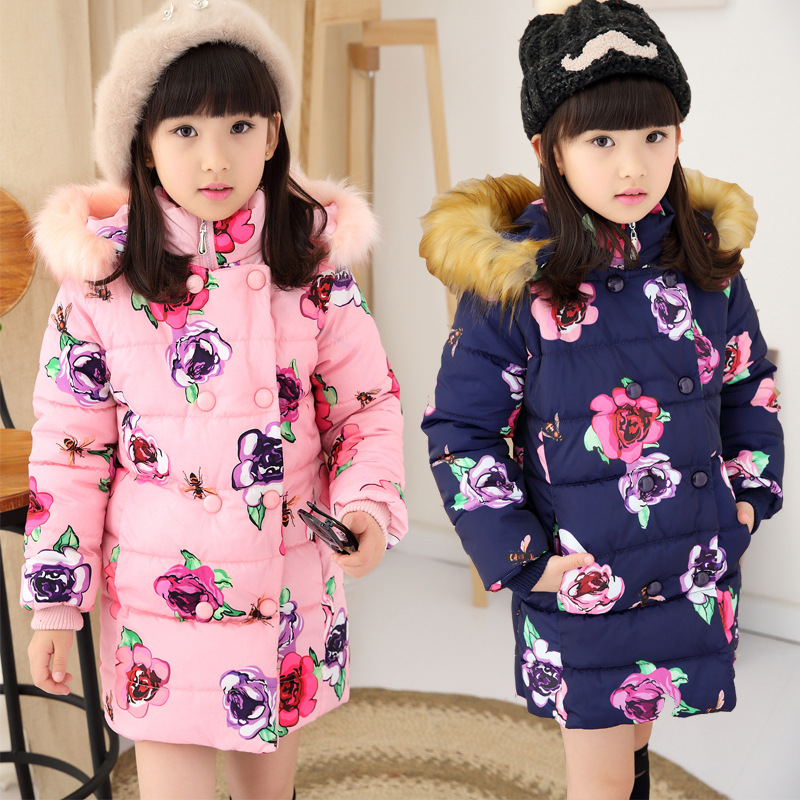 

2018 Girls' Cotton-padded Clothes Jacket Hooded Fall Winter Children's Coat Baby Kid Thickened Down Parkas Flower Printing Tops, Blue