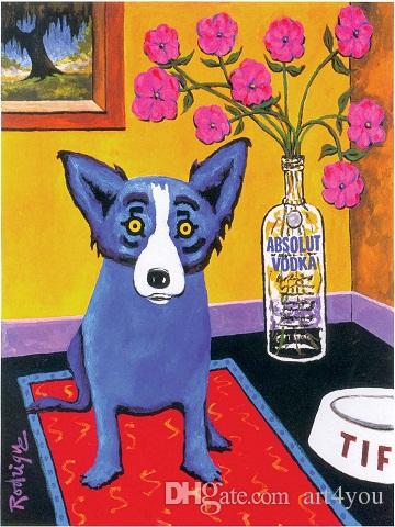 

ABSOLUT VODKA BLUE DOG Real High Quality Hand-painted Wall Art Oil painting On Canvas Home Decor Multi sizes /Frame Option a125