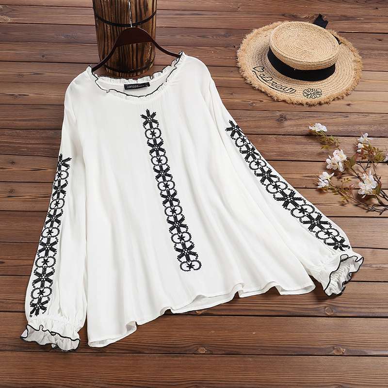 

Women' Embroidery Blouse 2020 ZANZEA Bohemian Spring Shirts Casual Long Sleeve Tops Female O Nekc Ruffle Blusas Oversized Tunic, White