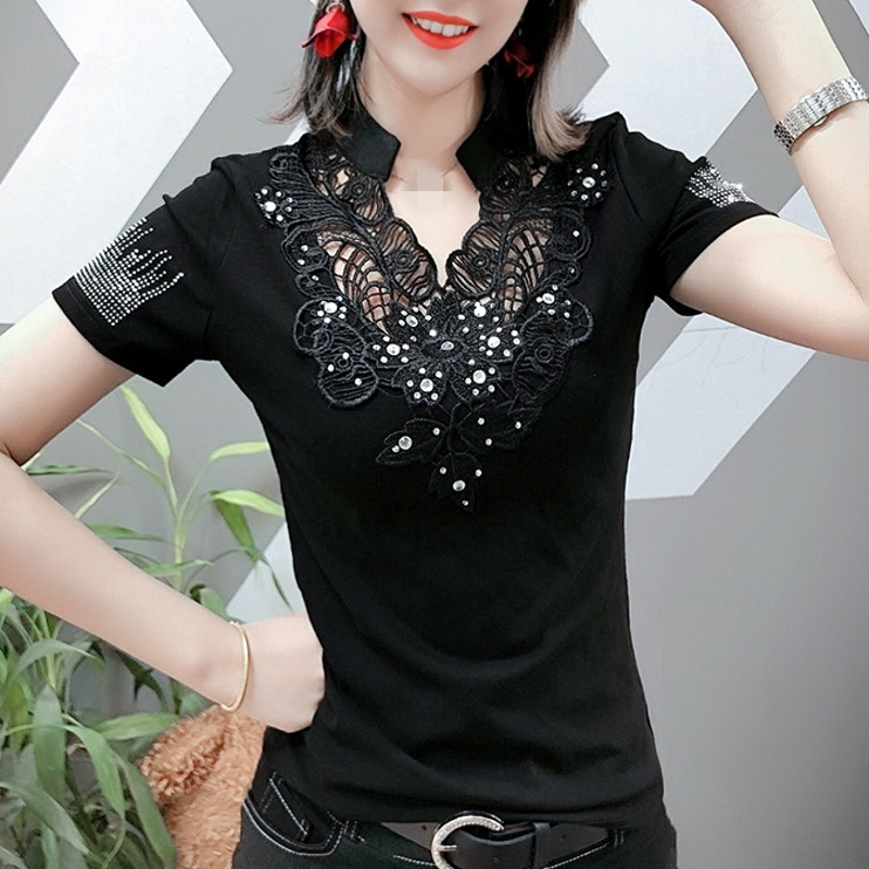 

Summer Korean Clothes T-shirt Fashion Sexy Embroidery Diamonds Women Tops Ropa Mujer Cotton Short Sleeve Shirt Tees New T03803, Black tshirt