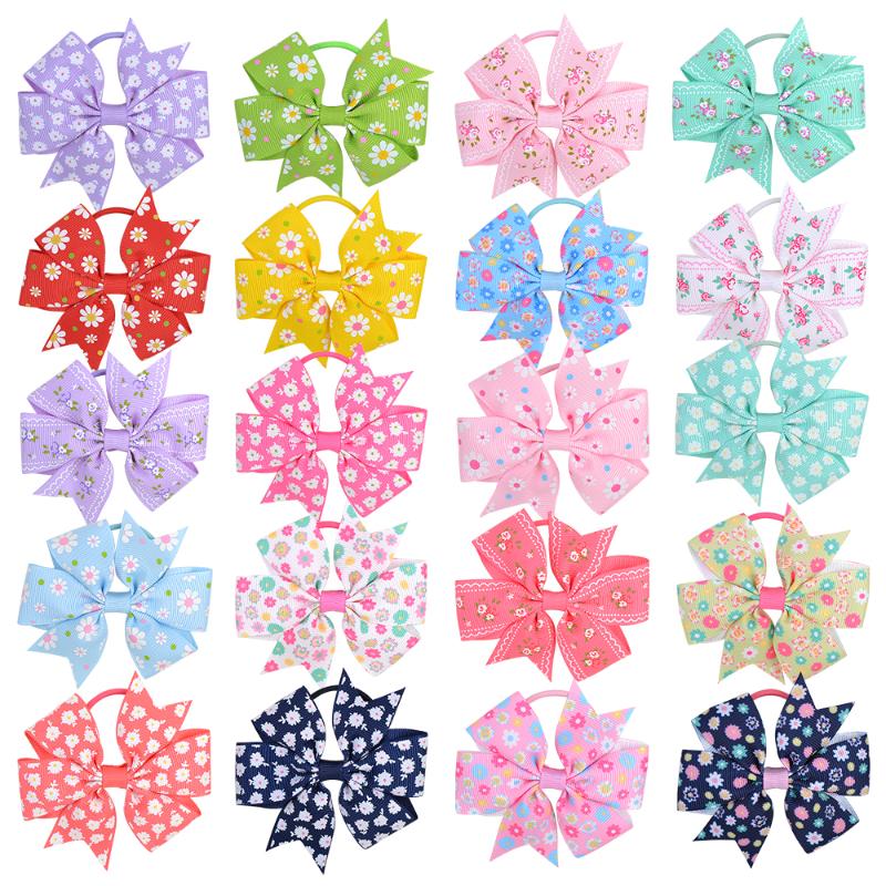 

1 pc/lot Grosgrain Ribbon Elastic Hair Bows for Girls Print Flower Hair Bands Boutique Rubber Scrunchy Headwear Accessories, 18