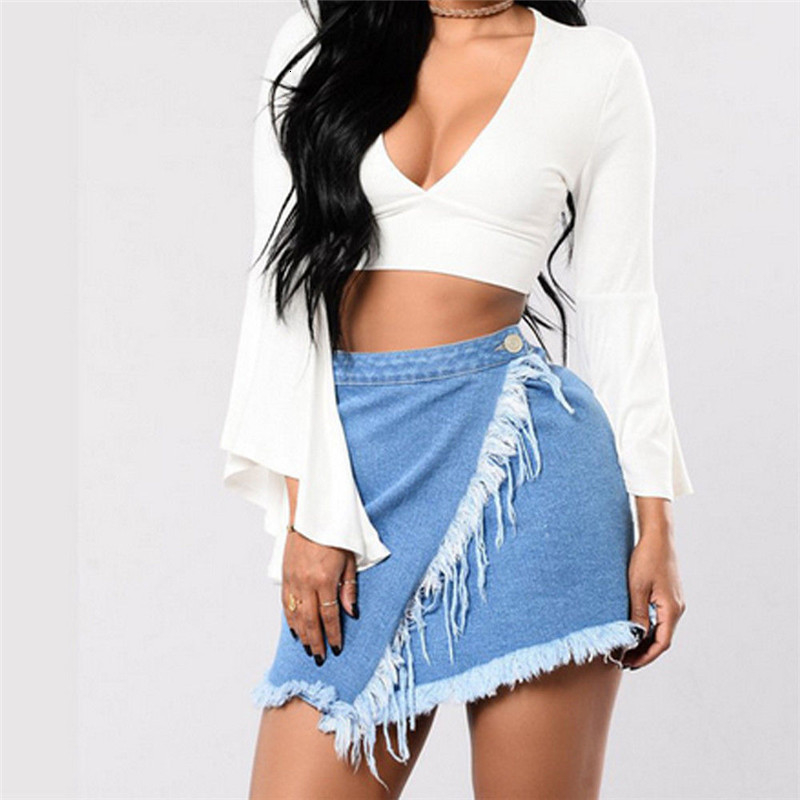 

Casual High Waist Denim tassels Skirt Blue Light Wash Women Distressed Mini Pencil Skirt Sexy Ripped Summer