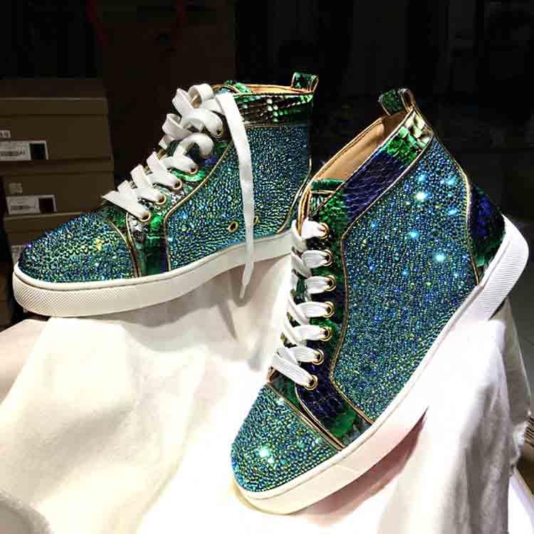 [With Boxes]Wedding Designs Fashion Men Red Soles Sneaker Suede/Leather Gold Strass Louflat Hightop Sneaker Winter Men Women sports Shoes