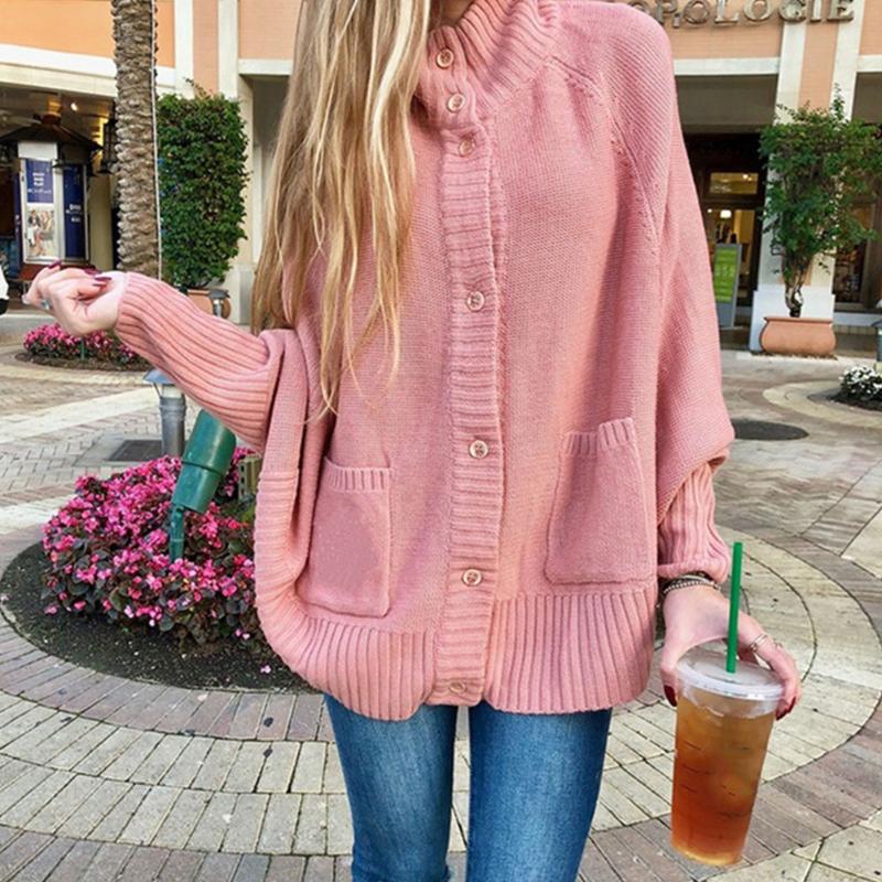 

Home Sweater Loose Daily Women Cardigan Outwear Shopping Polyester Half High Collar Soft Bat Sleeve Knitting Front Button Casual, Beige