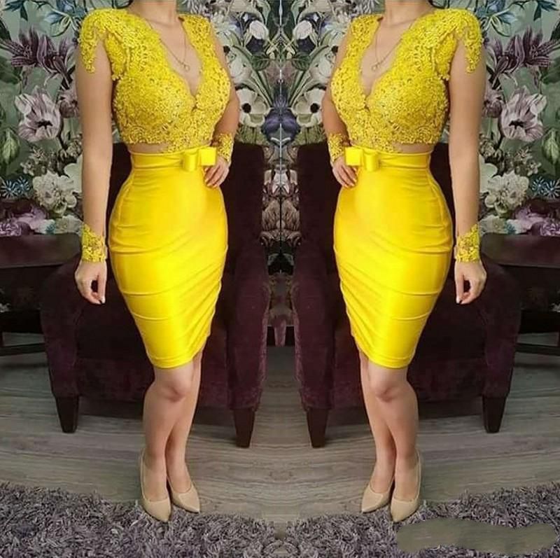 

2020 Sexy Yellow Lace Evening Formal Dresses Long Short Prom Cocktail Dresses Robe De Soiree Robe Soiree, Daffodil