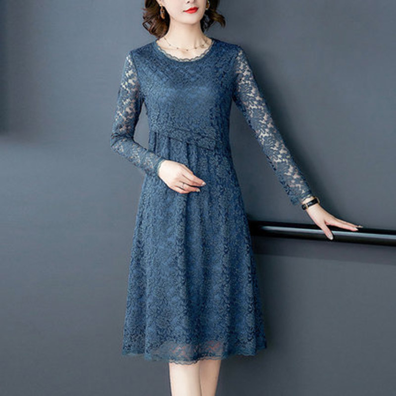 

Spring Hollow Lace Female Dress Large Size Long Section Was Thin Vestidos Slim Long Sleeve Ladies Dress Summer Round Neck A857, Black short sleeve