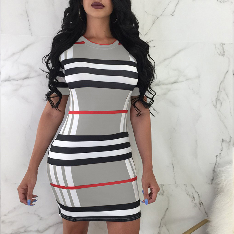 

Fashion Casual Women' Dresses Summer Sundress Mini Party Dress Plaid Short Sleeve Casual Dress Woman Clothing, Aprico