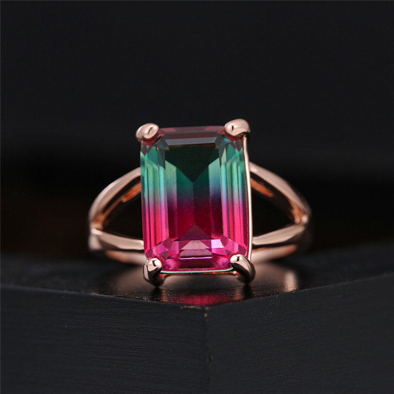 

Charm Female Red Green Stone Ring Vintage Rose Gold Wedding Rings For Women Promise Love Square Engagement Ring
