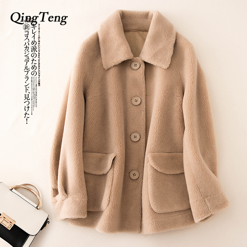 

Teddy Coat Woman Winter Coat 30% Wool Blend Faux Fur Sheep Autumn Winter Fluffy Women Teddy Bear Jackets With Pocket, Red