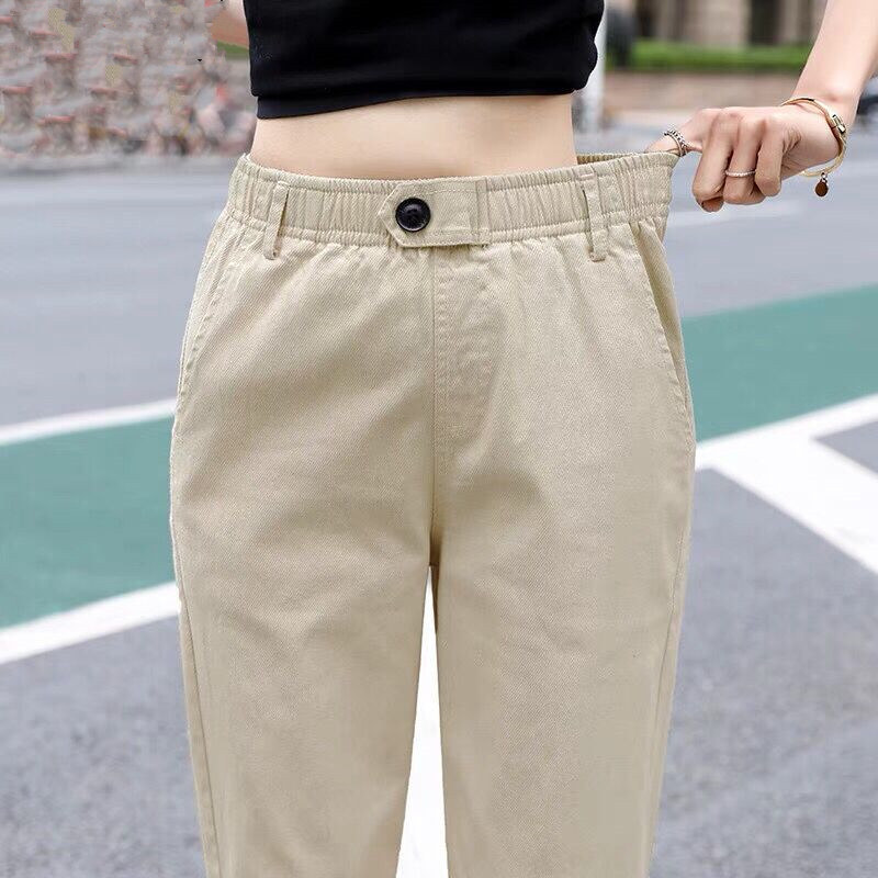 

Spring Autumn 2020 New Casual Pants Women' Korean Elastic Waist Slim Harem Pants Pencil Trousers Women High Waist Streetwear, Beige