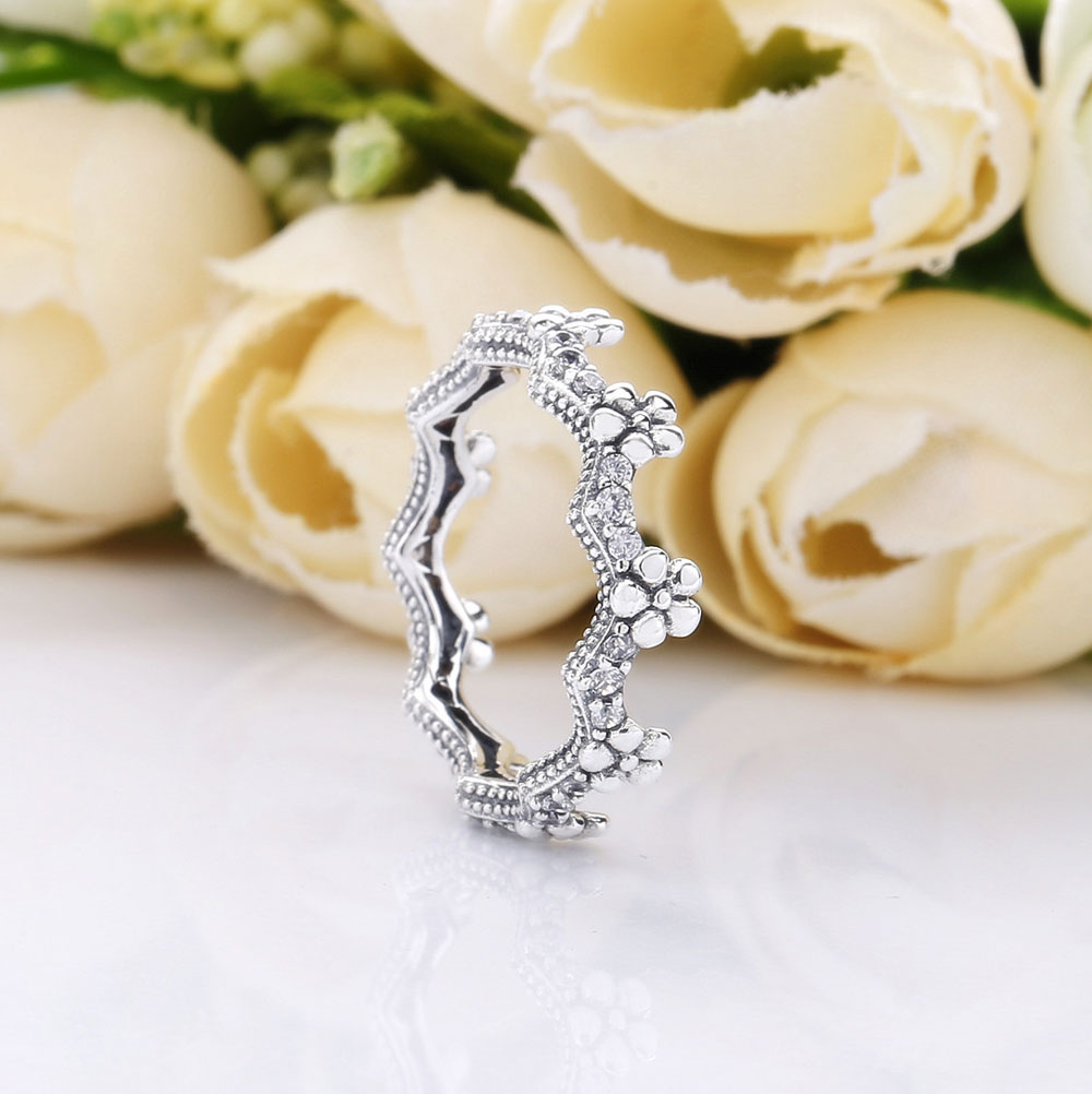 

New 925 Sterling Silver Spring Flower Crown Ring with Clear Cz Fit Pandora Jewelry Engagement Wedding Lovers Fashion Ring