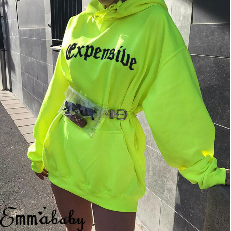 

Fashion Women' Letter Printed Loose Long Hoodie Sweatshirt Fluorescent Color Pullover, Green