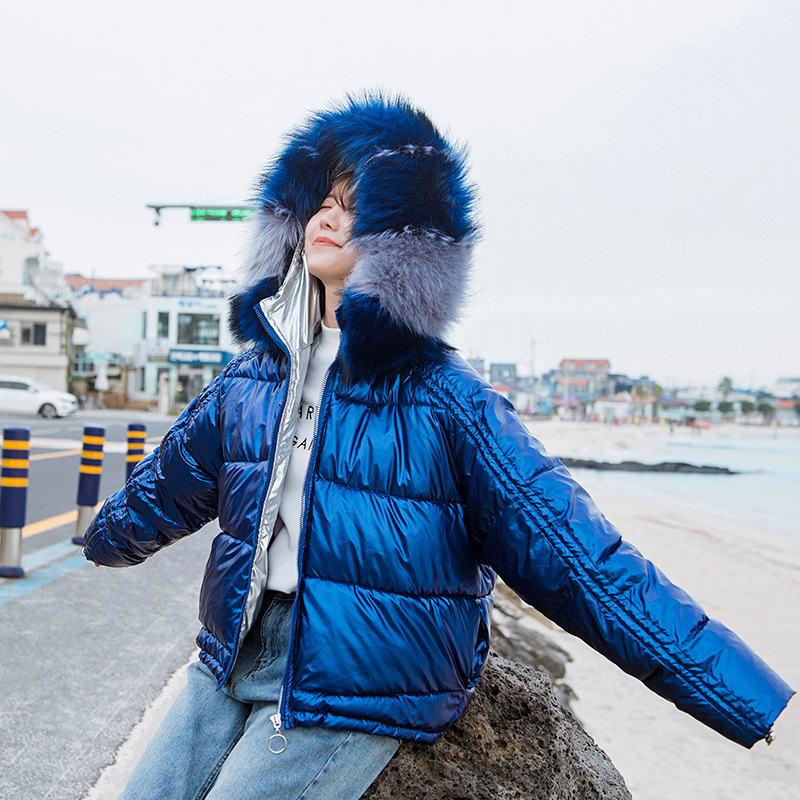 

New Fashion Women Glossy Short Silver Down Jackets Big Colorful Fur Collar Hooded Coat Parka Jacket Warm Womens Winter Jackets, Black