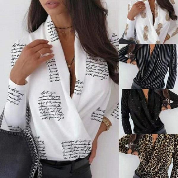 

summer white t shirt office letter print ladies shirts chiffon vneck long sleeve slim fit work blouse plus size long sleeve tops fashion, Multi