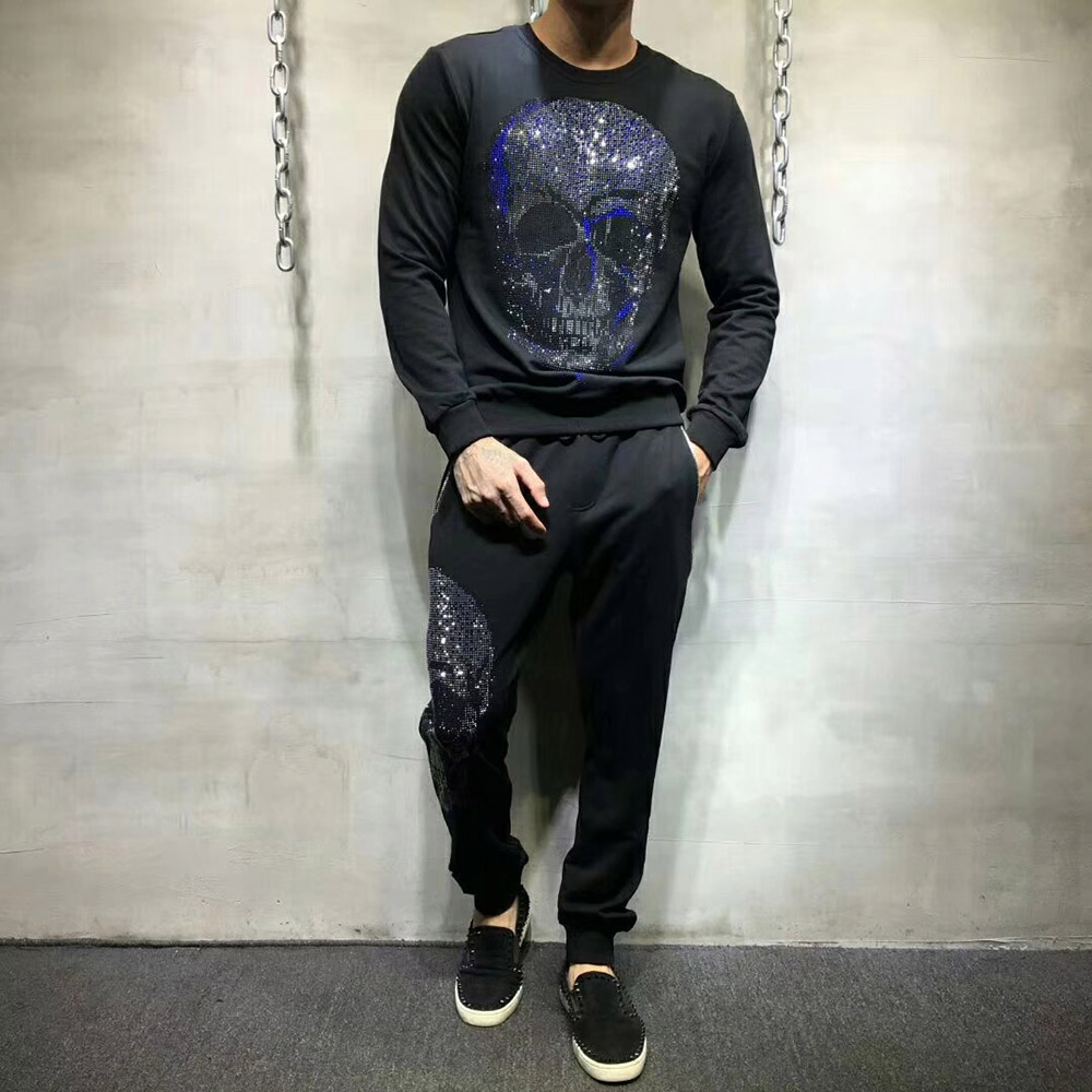 

Top Quality New Winter Rhinestone Skull Coats Men Hoodies+Pants Warm Thicken Slim Fit Sporting Tracksuits Mens Hoodies And Sweatshirts, Black