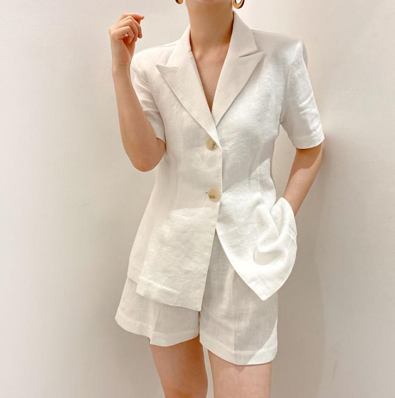 

HziriP Solid Blazer Suit Women Clothing 2020 New Summer Elegant Vintage Casual Blazer Jacket + Short Pants Suits 2 Piece Sets, White