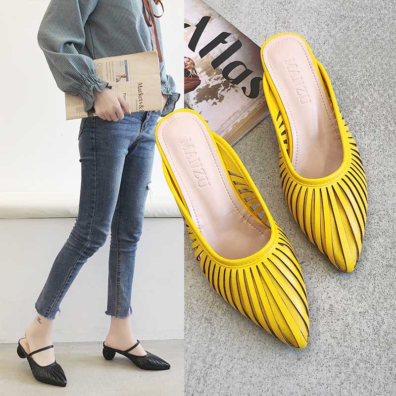

Summer New Slippers Women Mules Shoes Fashion Sandals Stripe Slides Ladies Mules Female Slippers Thick Heel A134, Black-1