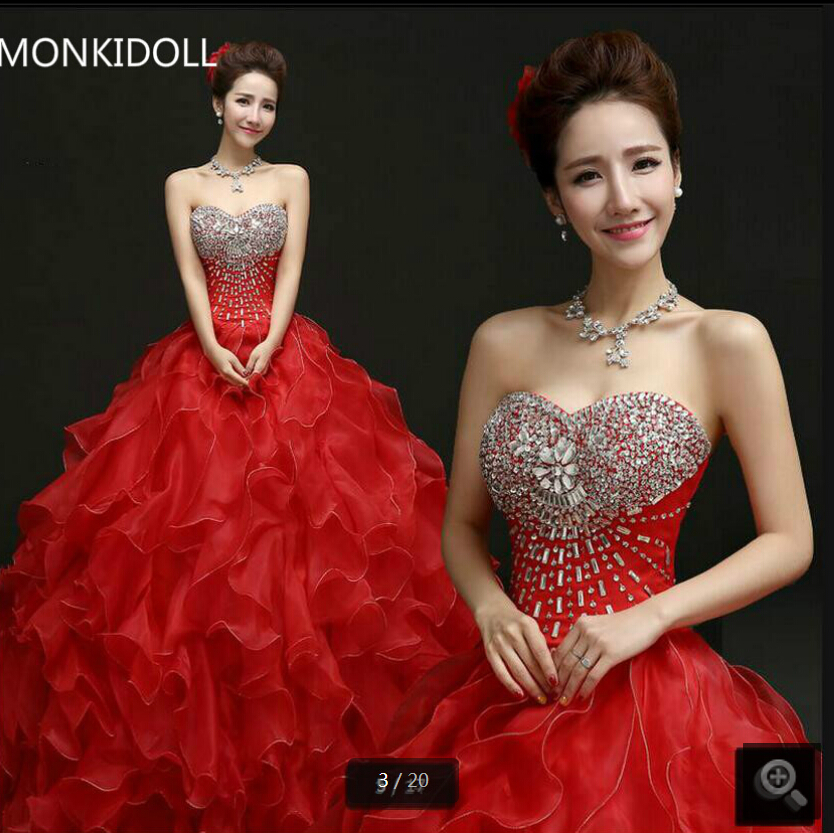 

Latest style new 2019 ball gown red/white ruffled wedding dress heavily beading crystals sparkly court train wedding gowns hot sale