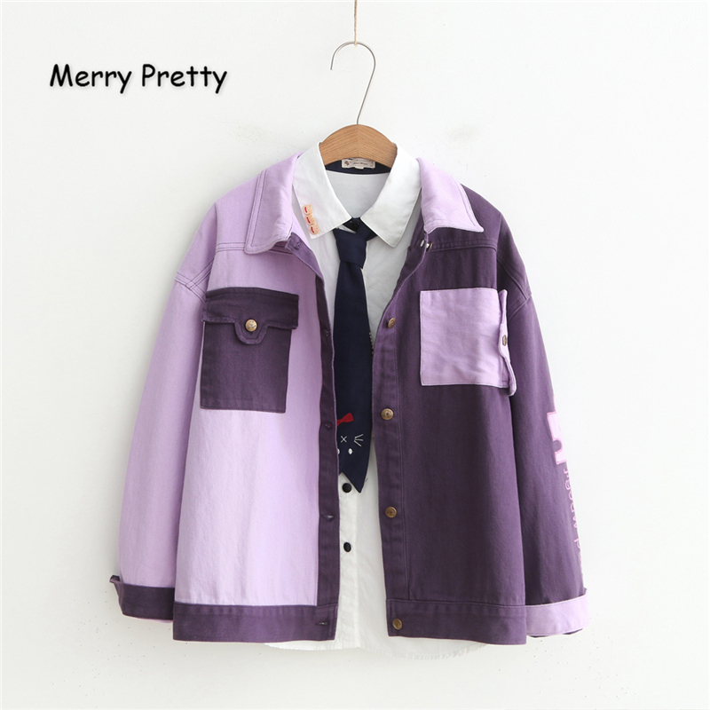 

Merry Pretty Women Letter Embroidery Basic Jackets Winter Long Sleeve Patchwork Pockets Vintage Denim Jackets Outerwear Coats, Purple