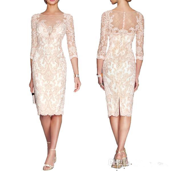 

Elegant 1/2 Long Sleeves Lace Sheath Mothers' Dresses 2020 Sheer Crew Neck Knee Length Mother of the Bride Groom Dresses With Buttons BC2116