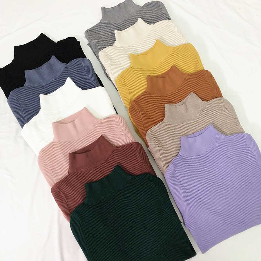 

Tight Casual Pullover Sweater Women Simple Elastic Turtleneck Slim Knit Sweater Ladies Autumn Winter Warm Sweaters Female, Beige