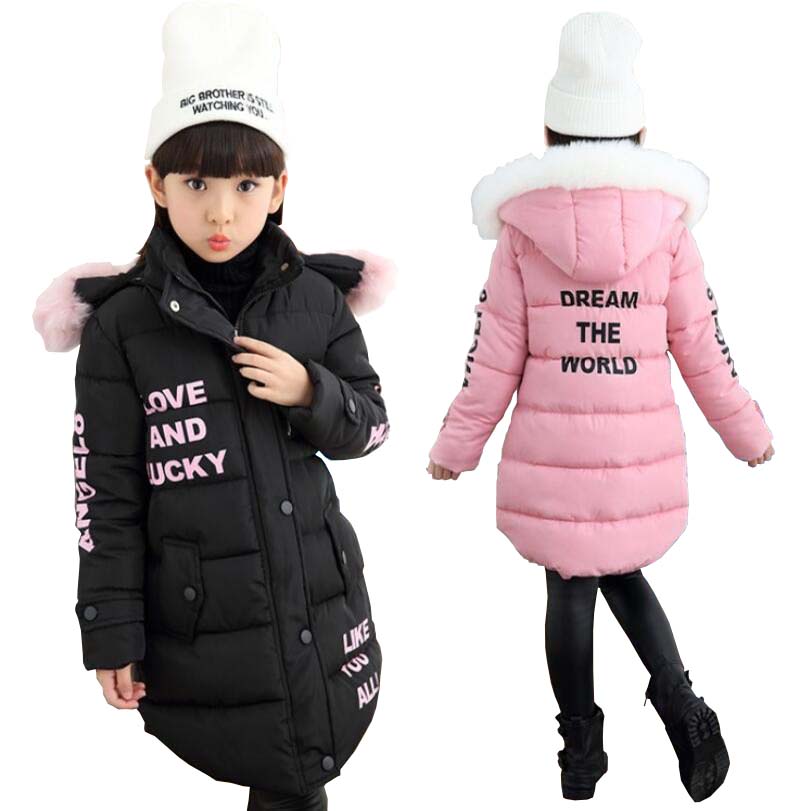 

Girls winter warm jacket 3-15T kids long style fur hoodies children cotton long sleeve coat teenage thickness casual clothes, Blue;gray