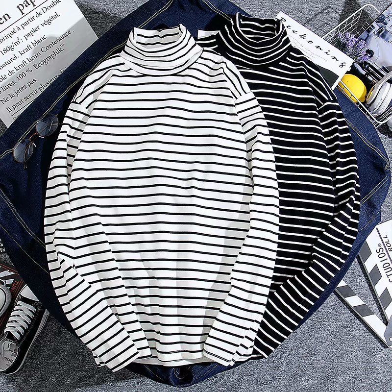 

Hong Kong Style Couple Clothes High Collar with Stripes Long-sleeved T-shirt Men's Korean-style Trend INS Spring And Autumn Base, White