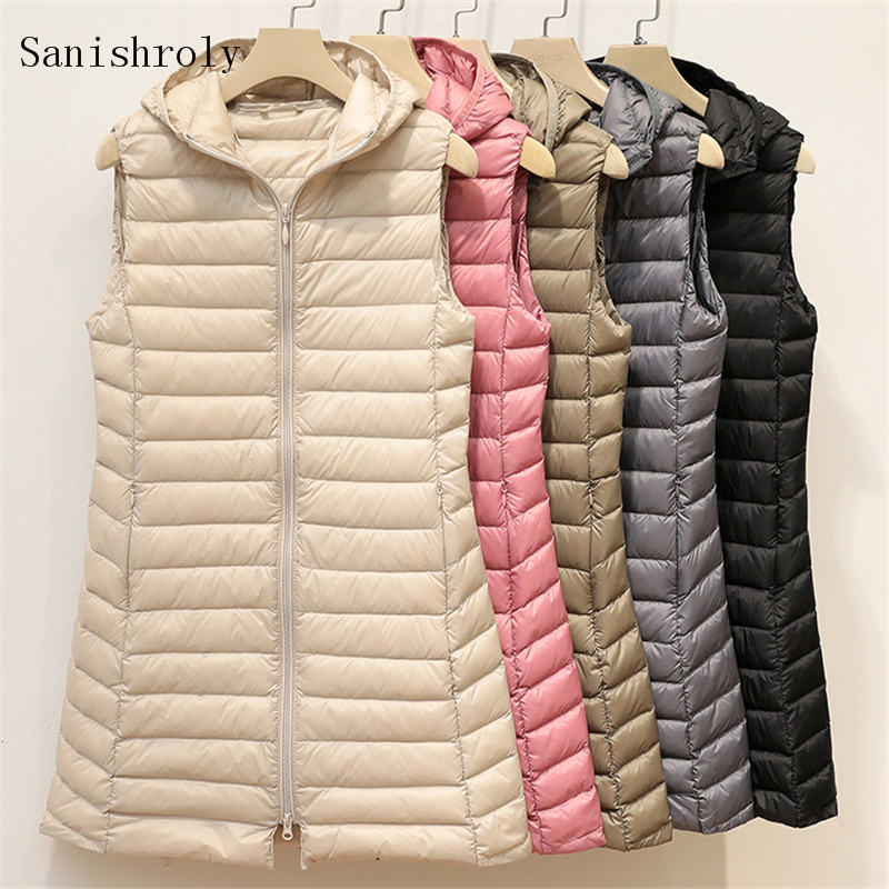 Sanishroly Autumn Winter Women Sleeveless Hooded Waistcoat Midi Long Ultra Light Down Vest Female Duck Down Coat Parka Tops S939