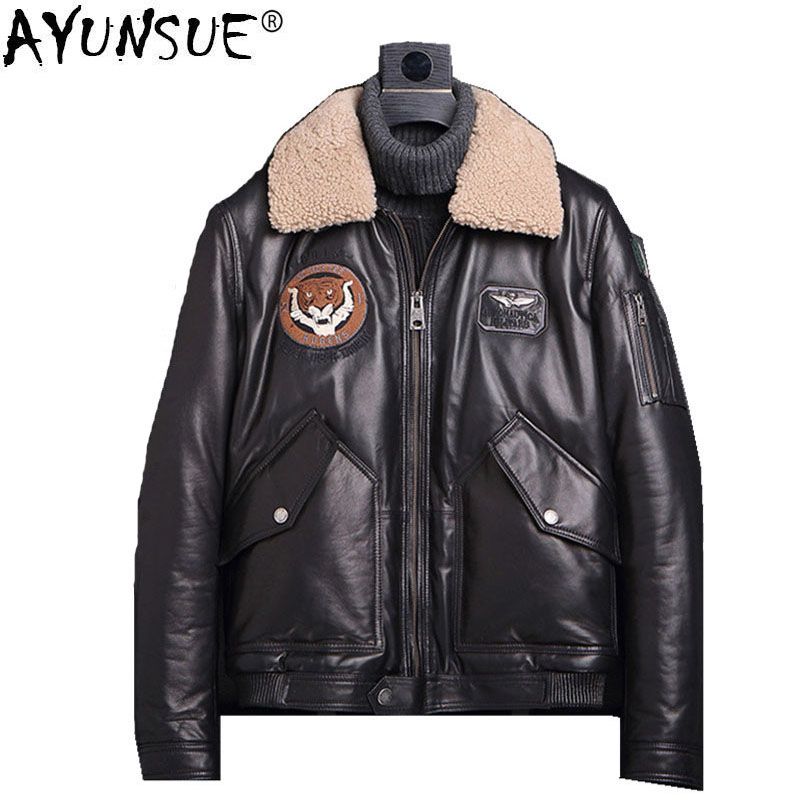 

AYUNSUE Genuine Leather Jacket Lamb Fur Collar Down Jacket Autumn Winter Men Sheepskin Short Coat F-LL-7166 MY1180, Black