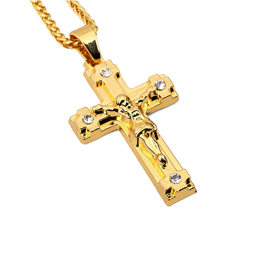 

Mens Jewelry Jesus Cross Pendant Necklaces Fashion Rhinestone Punk Hip Hop 18K Gold Plated Long Chain Design Necklace For Men