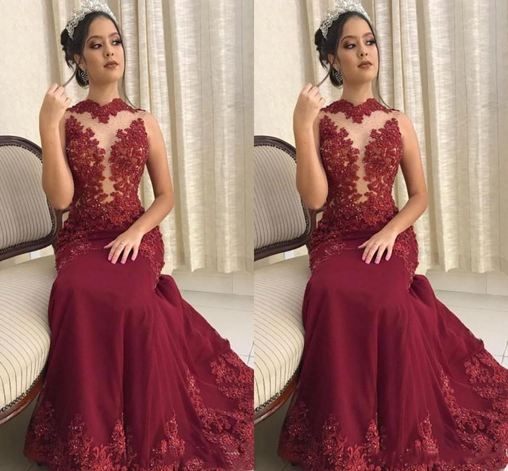 2020 African Nigerian Dark Red Mermaid Evening Dresses Sexy Sheer High Neck Lace Appliques Prom Dress Formal Evening Gowns Abendkleider