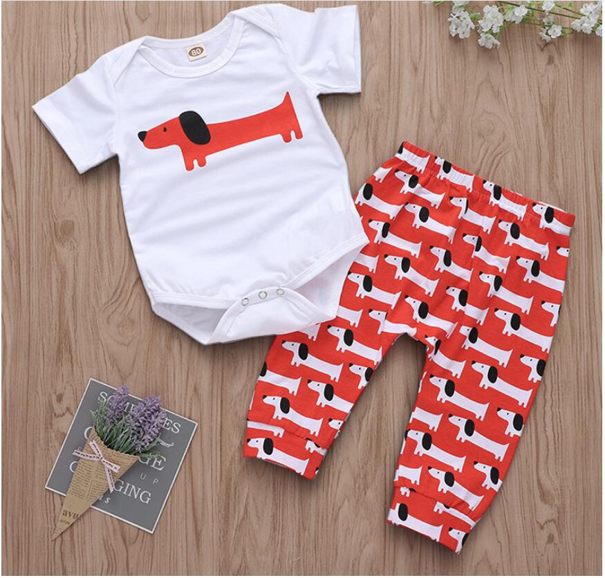 

Baby Long Ear Dog Print Short Sleeve Romper Set Boy Girl Dog Print Pants Suit Kids Clothes Two Pieces ZHT 167, As picture