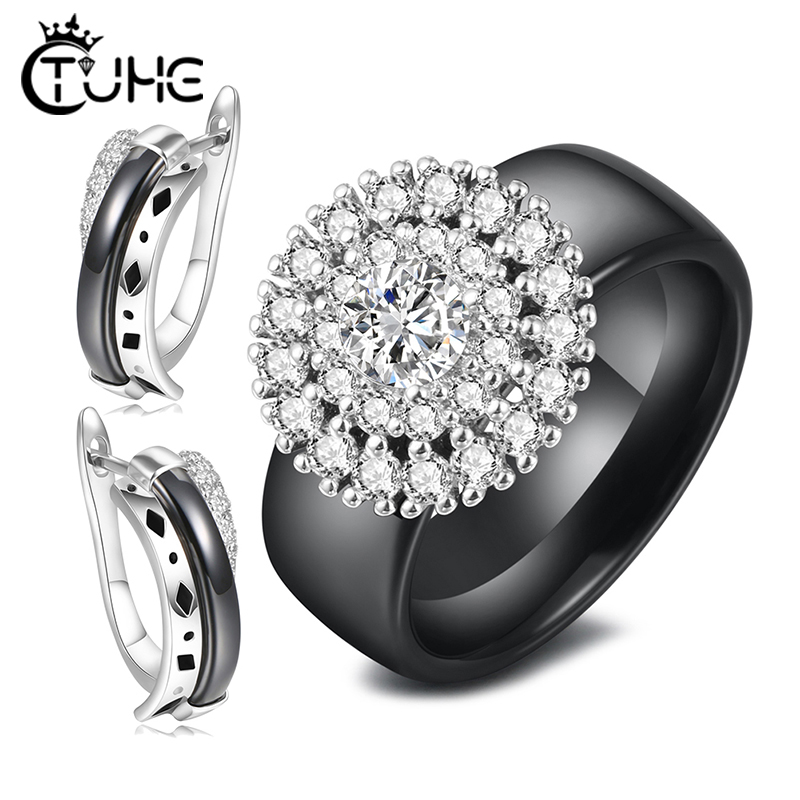 

Rhinestone Flower Crystal Earring Ring Set for Women New Trend Healthy Ceramic Statement Jewelry Set Gifts, As pic