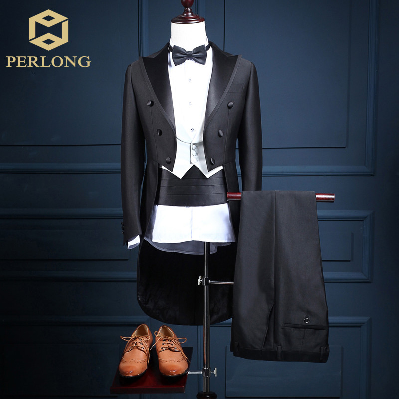 

5 Piece (Jacket+Pants+Vest+Bow tie+Belt) 2016 High Quality Brand Tailcoat Suits Men's Blazers Slim Fit Groom Wedding Prom Tuxedo, Black