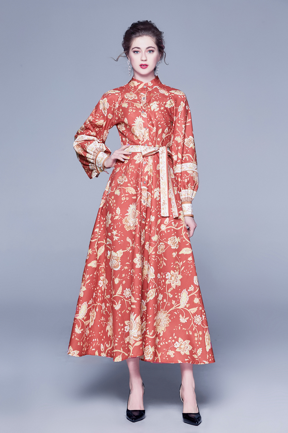 

New Spring Summer Fall Vintage Runway Floral Print Stand Neck Belt Long Sleeve Women Ladies Party Casual A-Line Midi Beach Shirt Dress, Black;gray