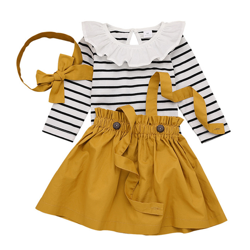 

5401 New Spring Autumn Infant Baby Girls Clothes Set Kids Long Sleeve Stripe Tshirt + Suspender Skirt + Headband Children 3pcs Outfits, Yellow