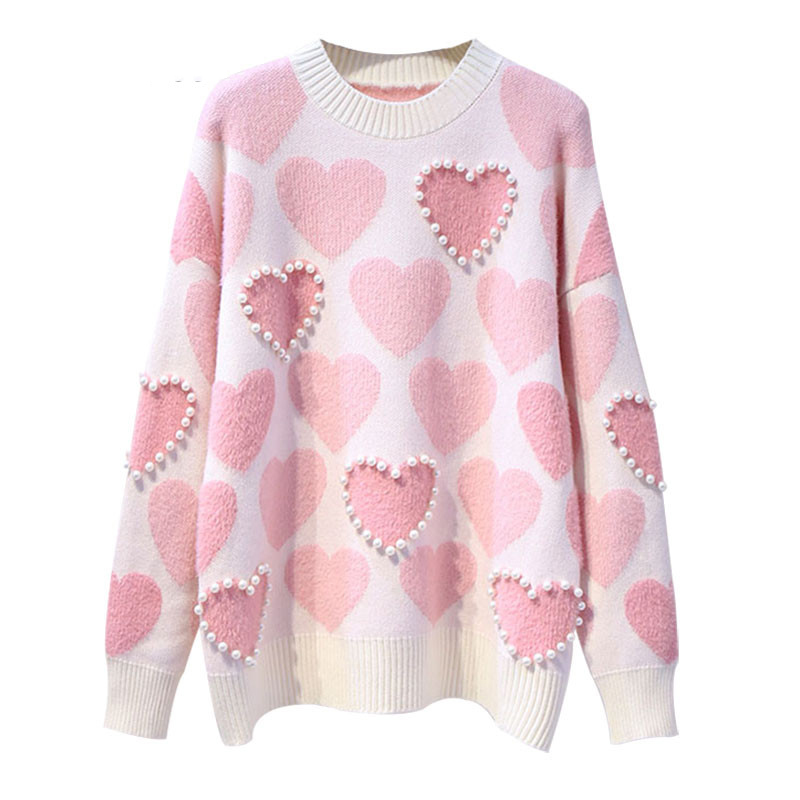 

New O neck Pearls Beading Sweaters Sweet Heart Pull Jumpers Women Knitted Sweater and Pullovers Long Sleeve Kawaii Pull Femme, Blue
