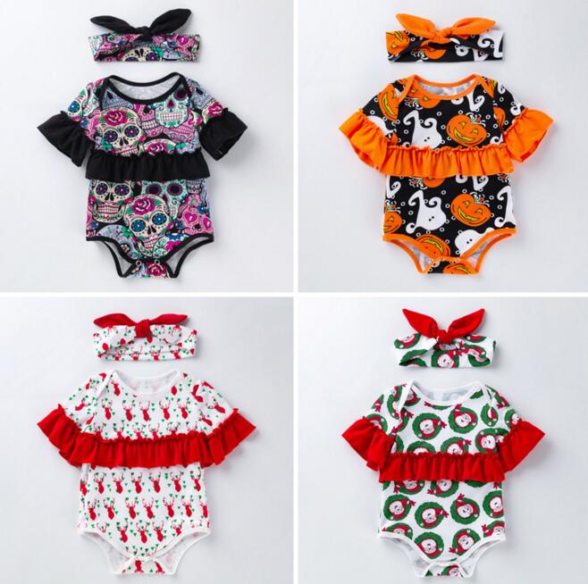 

baby Girl clothing romper Headband O-neck Short Sleeve Pumpkin Deer Romper Headband 100% cotton Infant Halloween Christmas Clothing romper, As pic / 1 lot= 1 sets=romper+headband