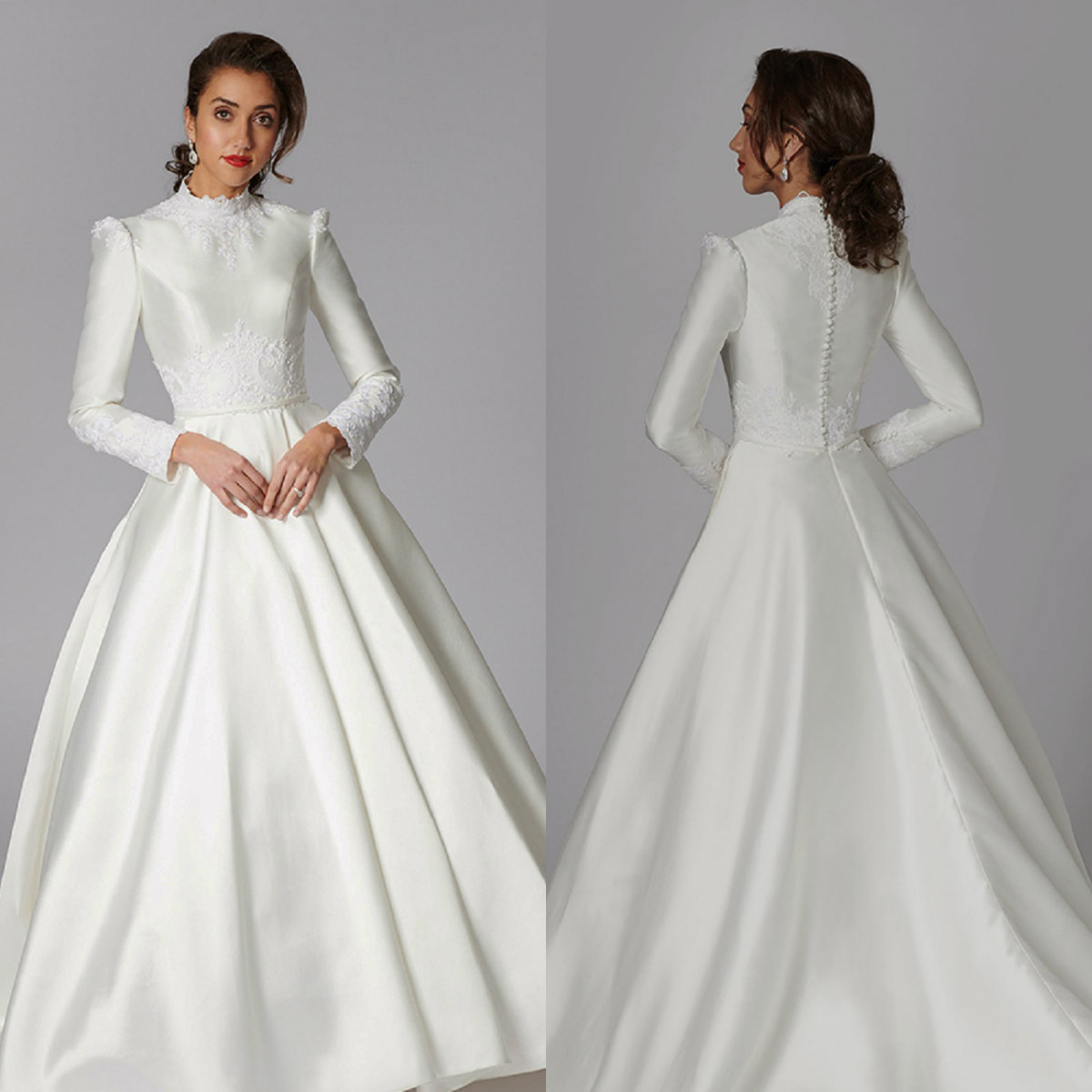 

Long Sleeve A Line Wedding Dresses Covered Button Jewel Neck Appliques Satin Plus Size Wedding Dress Sweep Train Robes De Mariée, Red