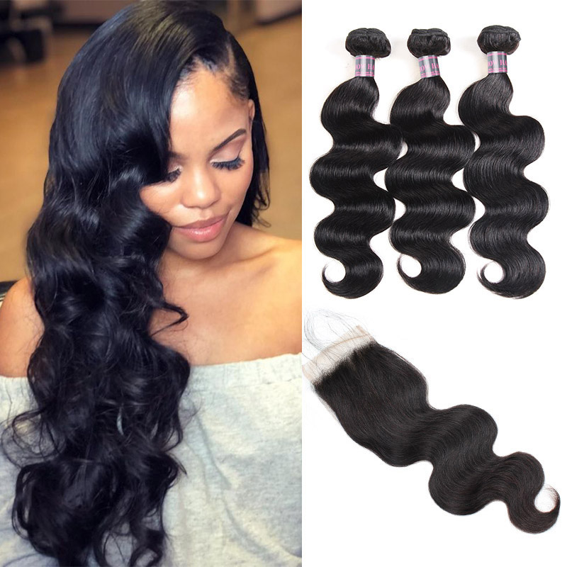 

Brazilian Virgin Hair Extensions 3PCS 8-28inch Peruvian Body Wave Human Hair Bundles With Closure Malaysian Hair Weave for Women All Ages, Natural color