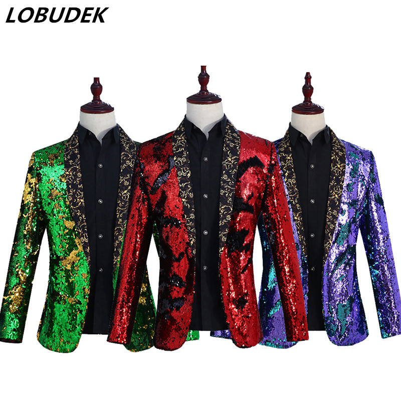 

High-end Men's Flipping Sequins Suit Jackets 6 Colors Fashion Blazer Nightclub Bar DJ Singer Prom Host Tide Outerwear Costumes, Red black
