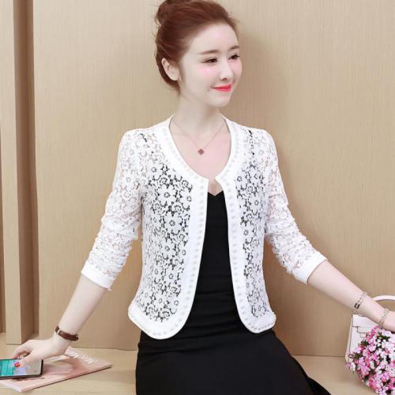 

Summer Casual Short Jacket Women Slim Plus Size Patchwork Lace Coat Womens Long Sleeved Nail Bead White Outerwear Casaco-a