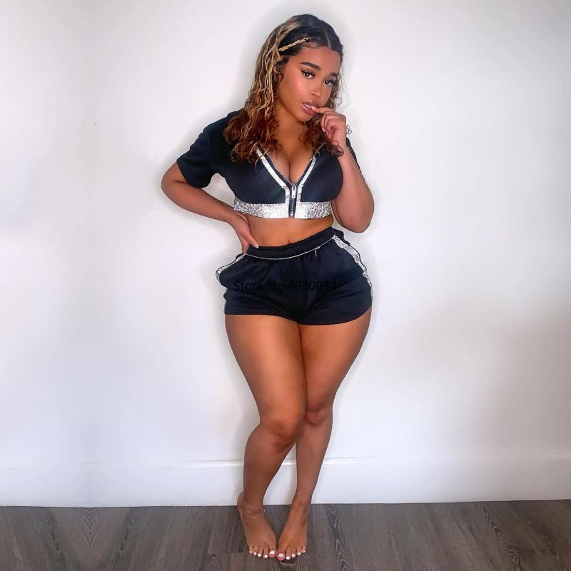 

Women Fitness 2 Piece Matching Set Summer Outfit Front Zipper Short Sleeve Fit Top And Skinny Short Casual Plus Size 5xl Suits, As pic