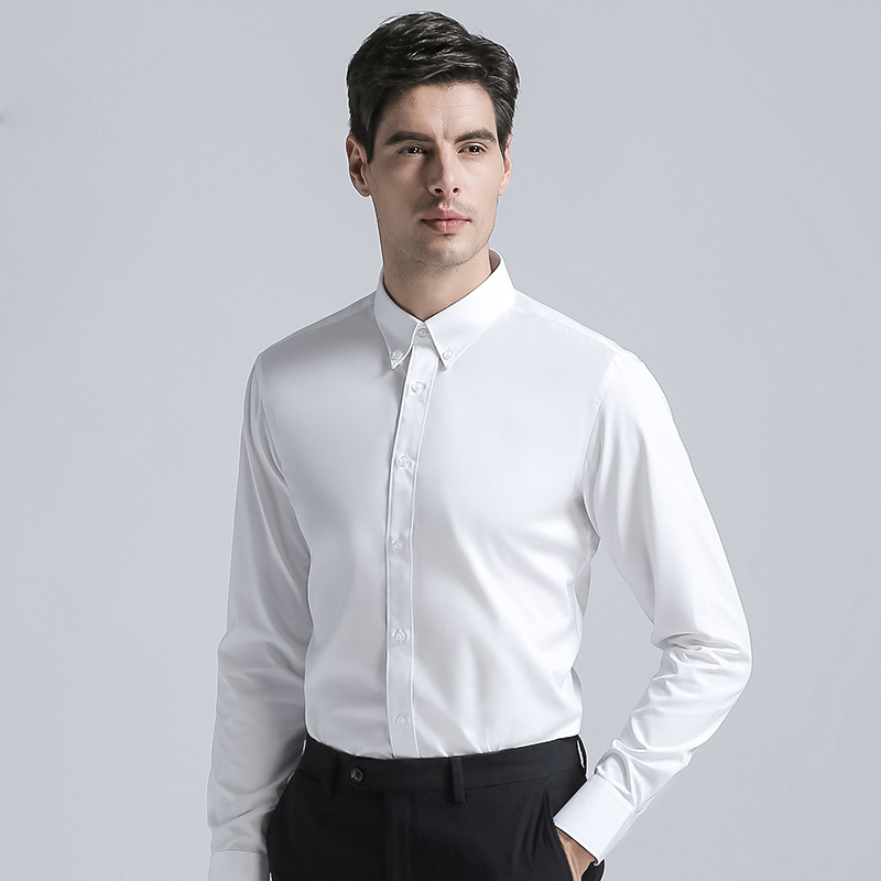 

High Quality Men's Shirts Formal Buckle collar Cotton Blend Shirts Classic Solid Color Long Sleeve Business Suits White
