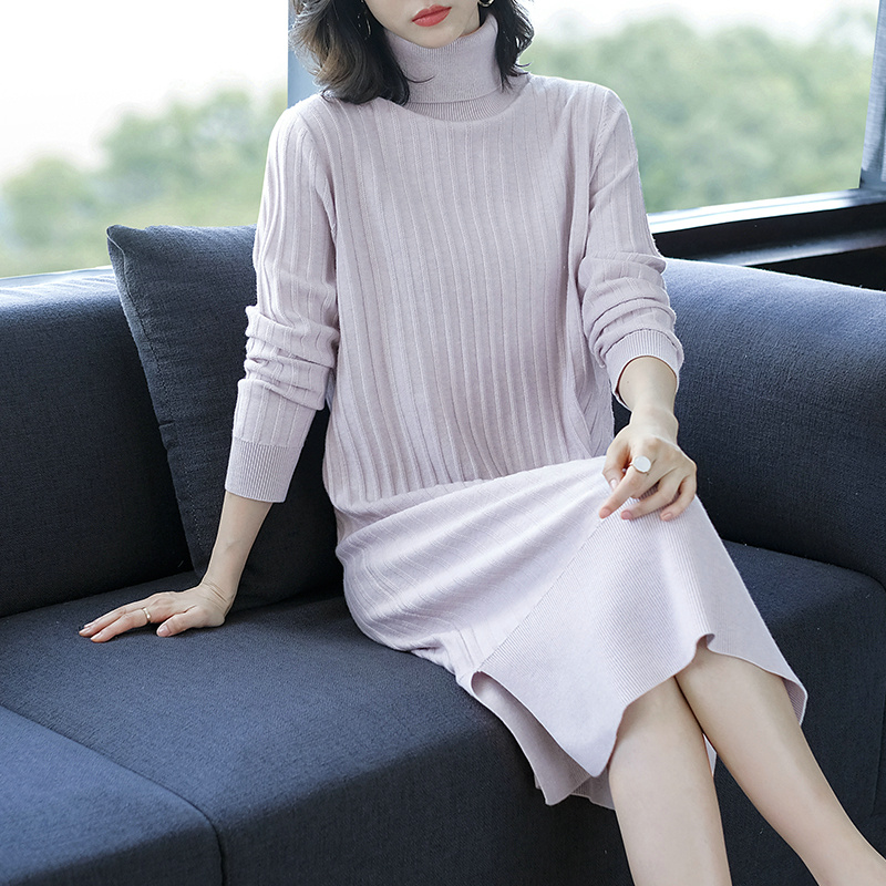 

Hot Selling Ladies Solid Color Turtleneck Cashmere Sweater Dress Autumn Winter Elegant Female Wool Sweater Dress Pullovers, Beige
