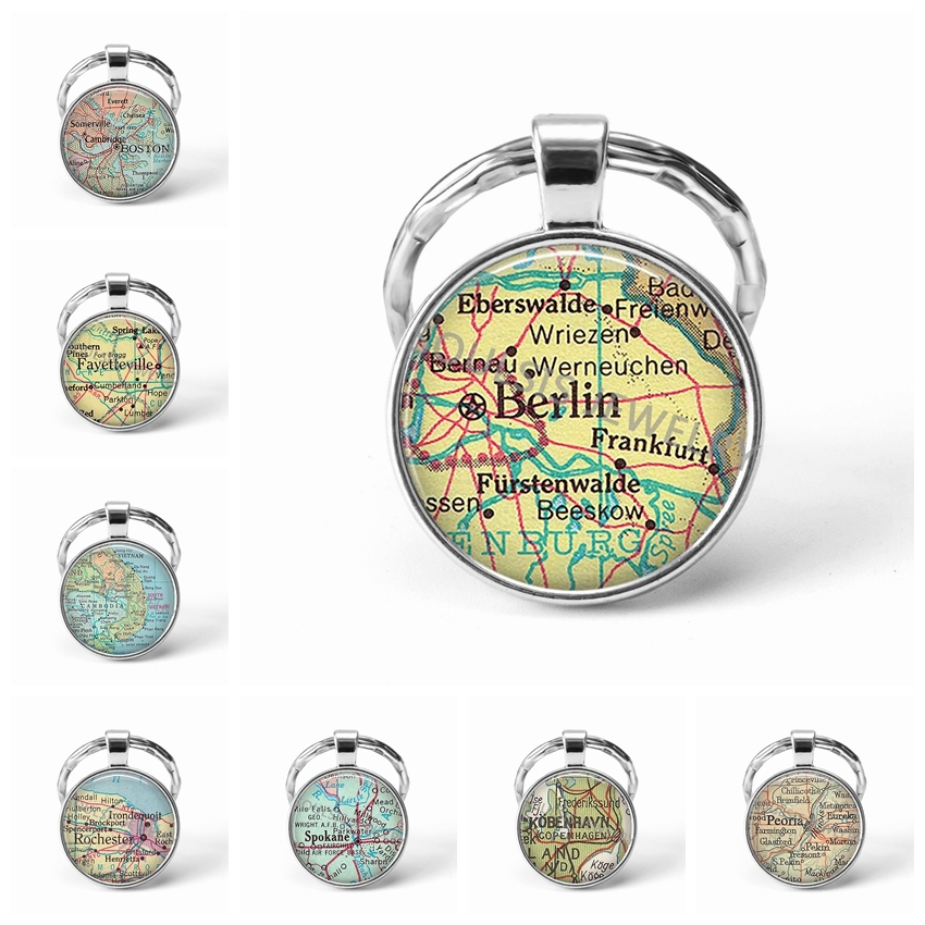 

Newest Metal Key Chains Handmade Vintage Berlin World Map Earth Geography Key Chain Glass Dome Keychains For Men Women Gift