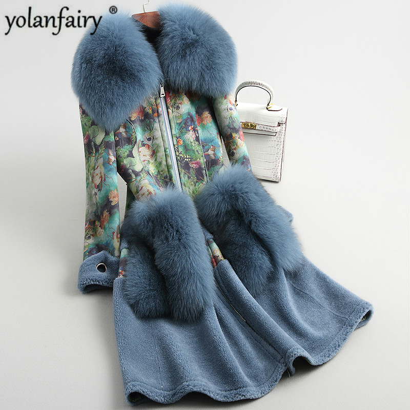 

Sheep Shearling Real Fur Coat Winter Jacket Women Real Fur Collar Wool Coats Print Suede Lining Manteau Femme MY4202, Blue